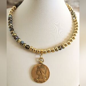 Black with Gold Etchings Glass and Gold Beads in Assymetrical Necklace or Choker